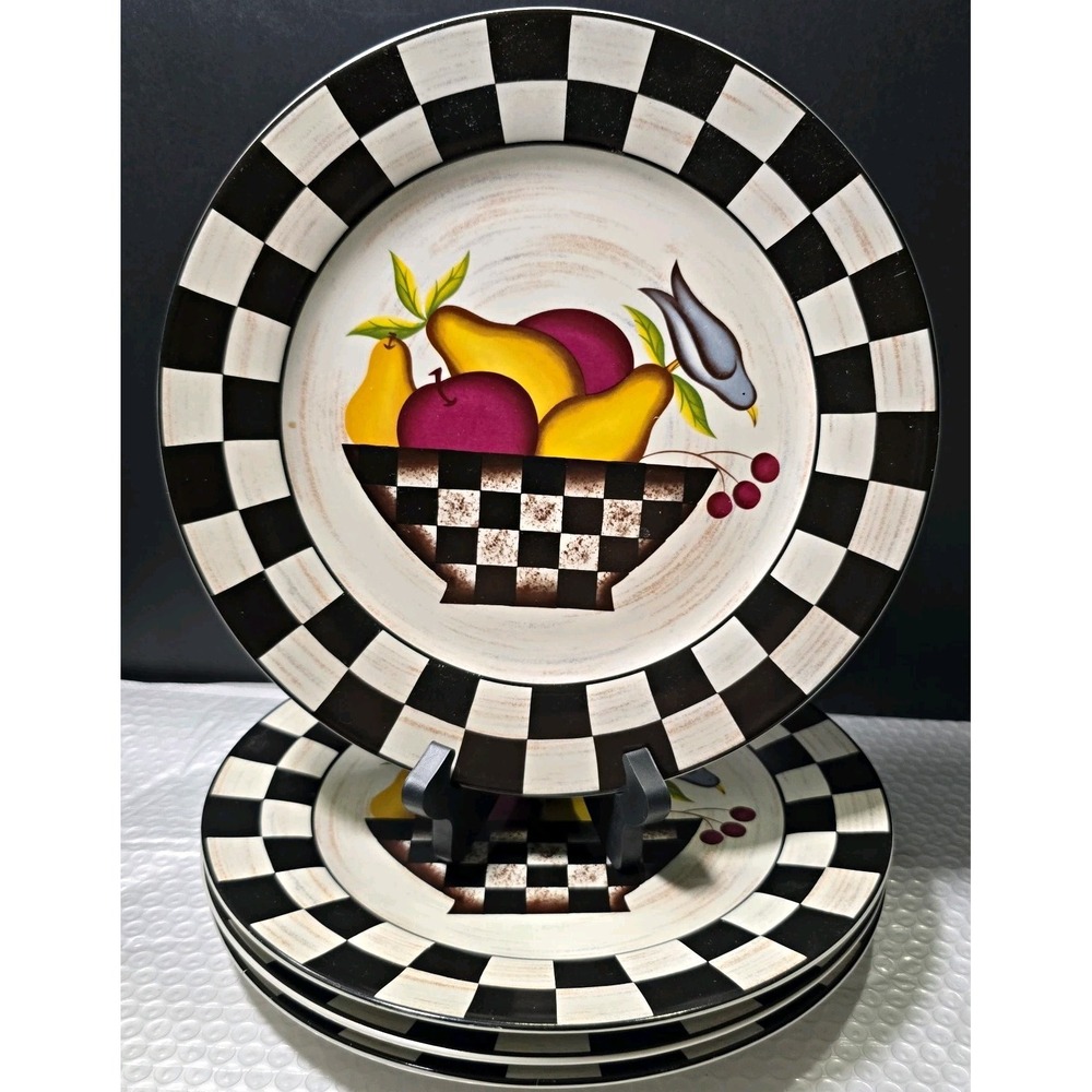 BaumBros Carol Endres Pure Art Blk/White Checkered Fruit Dinner Plates 4Pk 10.5"